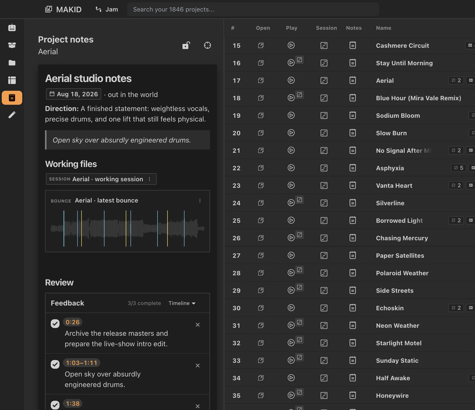 MAKID project notes for Aerial with direction, working files, a bounce waveform and a timestamped feedback checklist