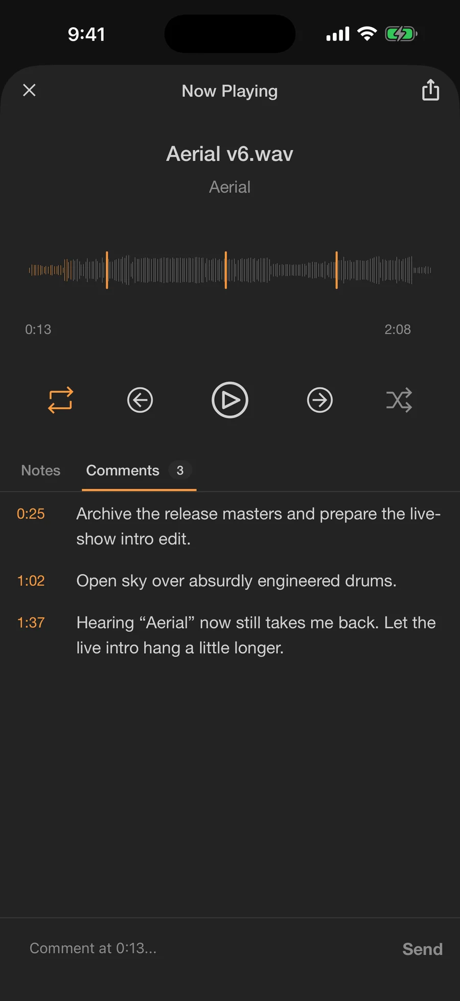 Now Playing on iPhone with timestamped comments on a bounce