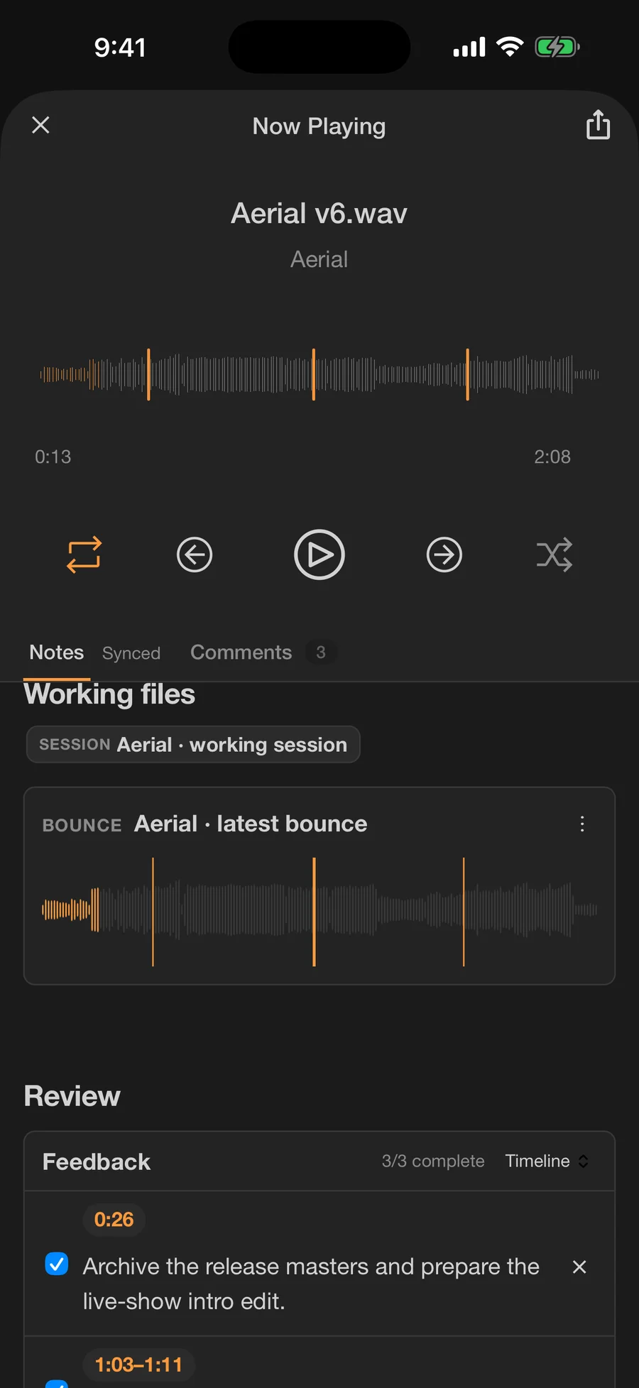Project notes on iPhone with a feedback checklist synced from desktop
